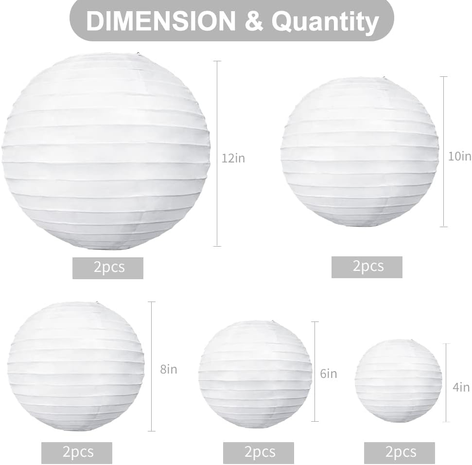 White Paper Lantern Set for Hanging Decor, Various Sizes