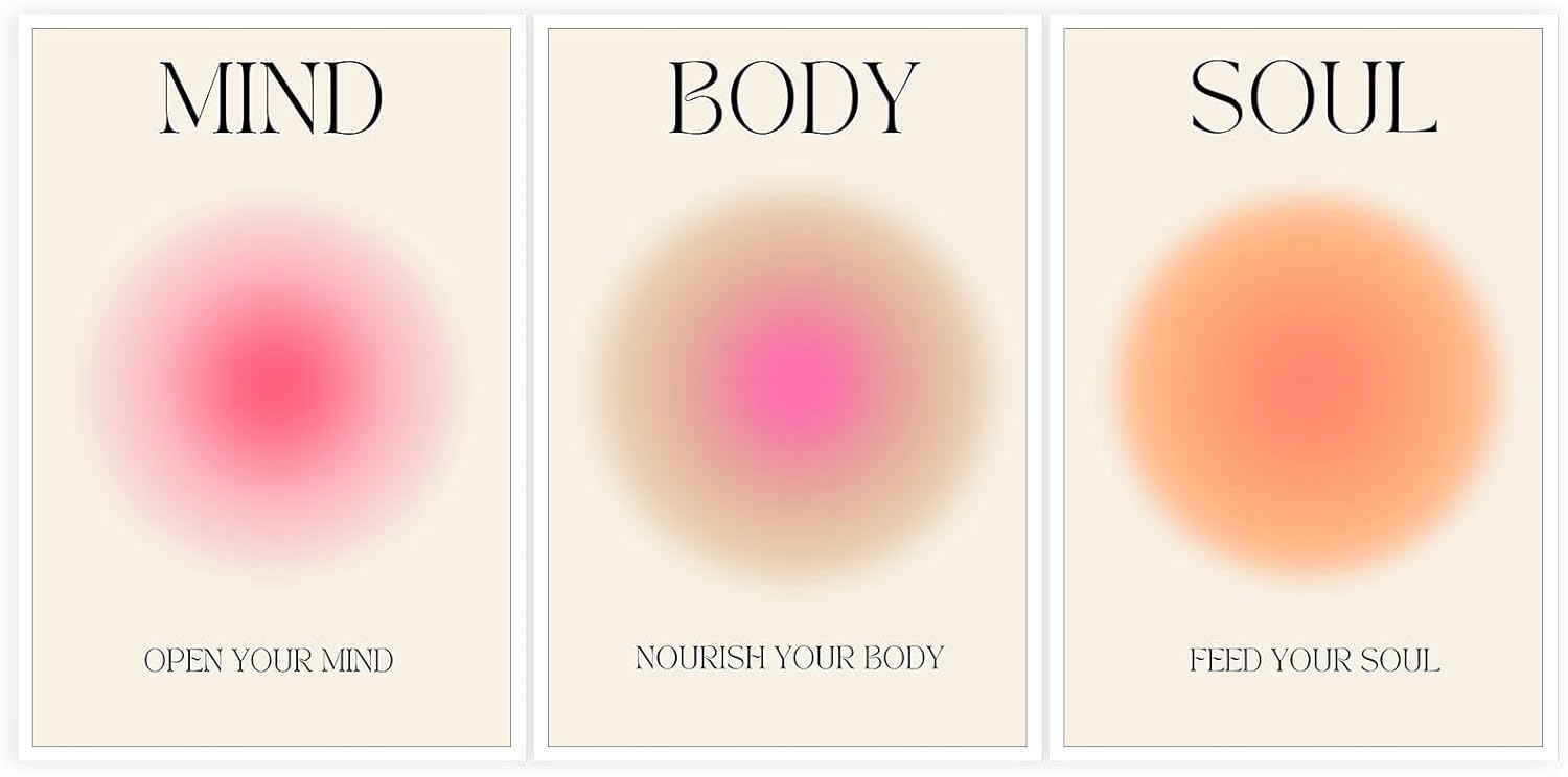 Asdg12s-Positive Aura Posters for Room Aesthetic 3 Piece Colorful Aura Grainy Gradient Canvas Wall Art Spiritual Soul Body Mind Quote Print Painting Danish Pastel Home Wall Decor for Bedroom