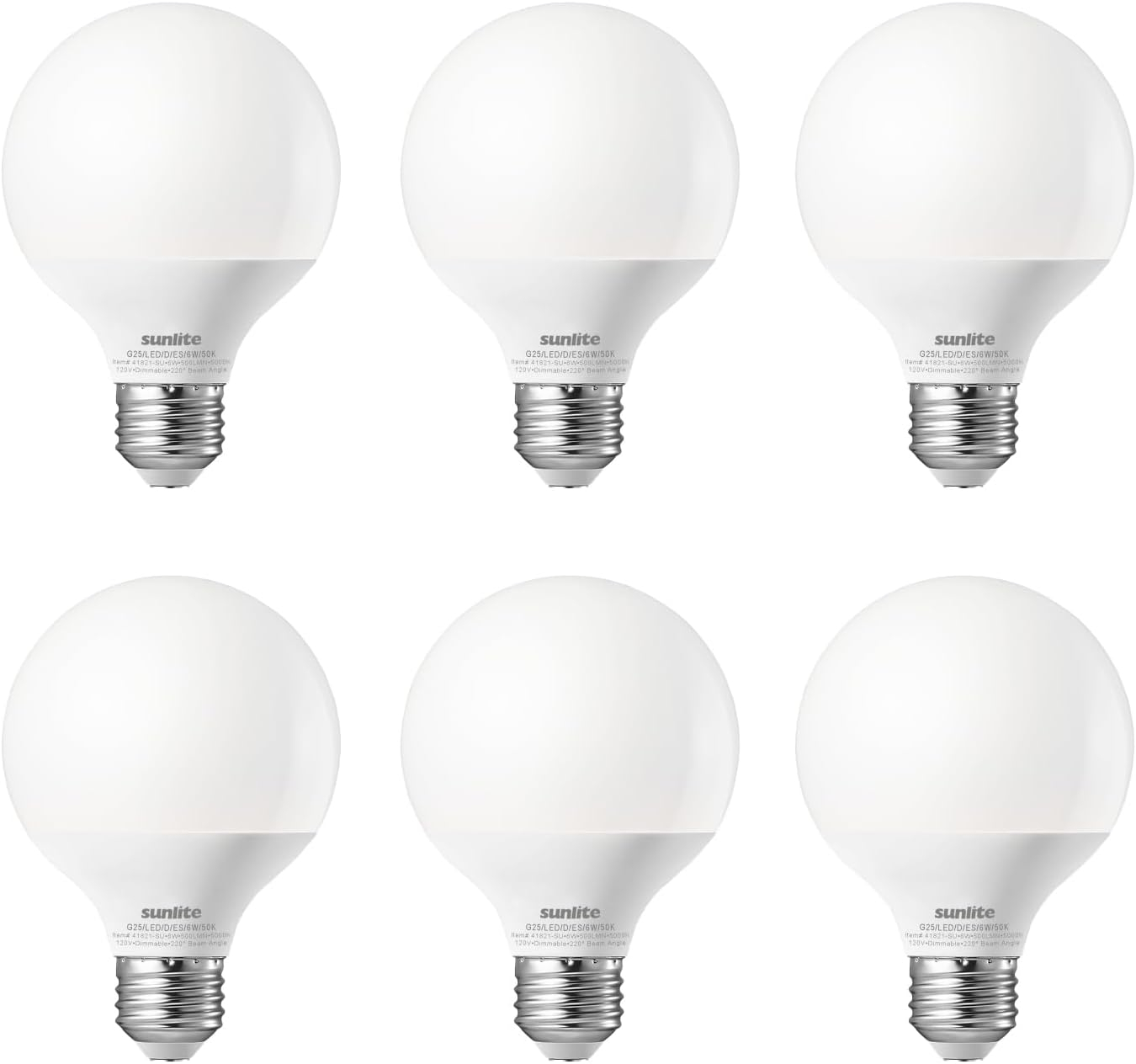 Sunlite LED G25 Globe Light Bulb, 6 Watts (60W Equivalent), Standard E26 Base, 520 Lumens, Dimmable, Frosted, 90 CRI, 5000K Daylight, 6 Pack