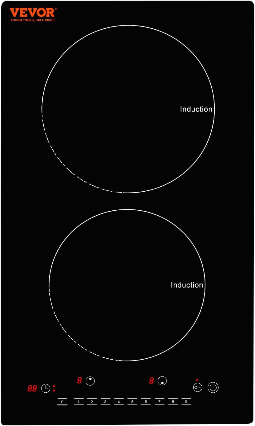 VEVOR Induction Cooktop, 1800W Electric Countertop Burner, 2 Burner Knob Control Stove, Built-in Induction Cooktop with 12 Temperature Settings, Glass Surface, Auto Shut-Off