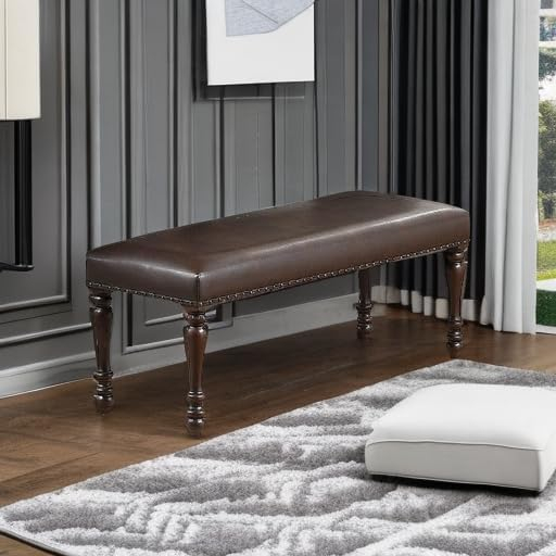 Nailhead Trim Faux Leather Dining Bench with Turned Legs Brown - Saltoro Sherpi