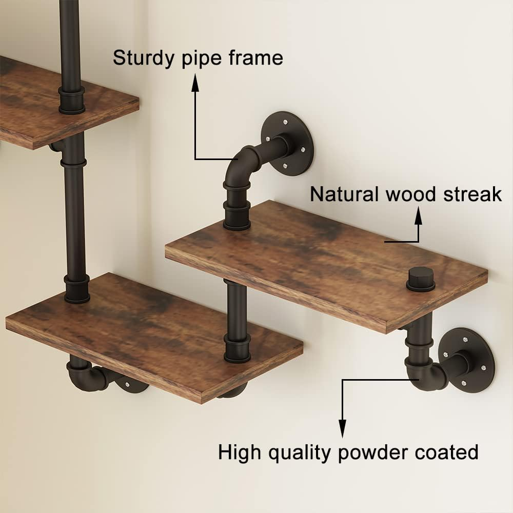 Industrial Floating Pipe Wall Mounted Shelves Rustic Modern Wood Shelving Bookcase 4 Layer Ladder Hanging Bookshelf for Home Bathroom Office Kitchen Decor(D)