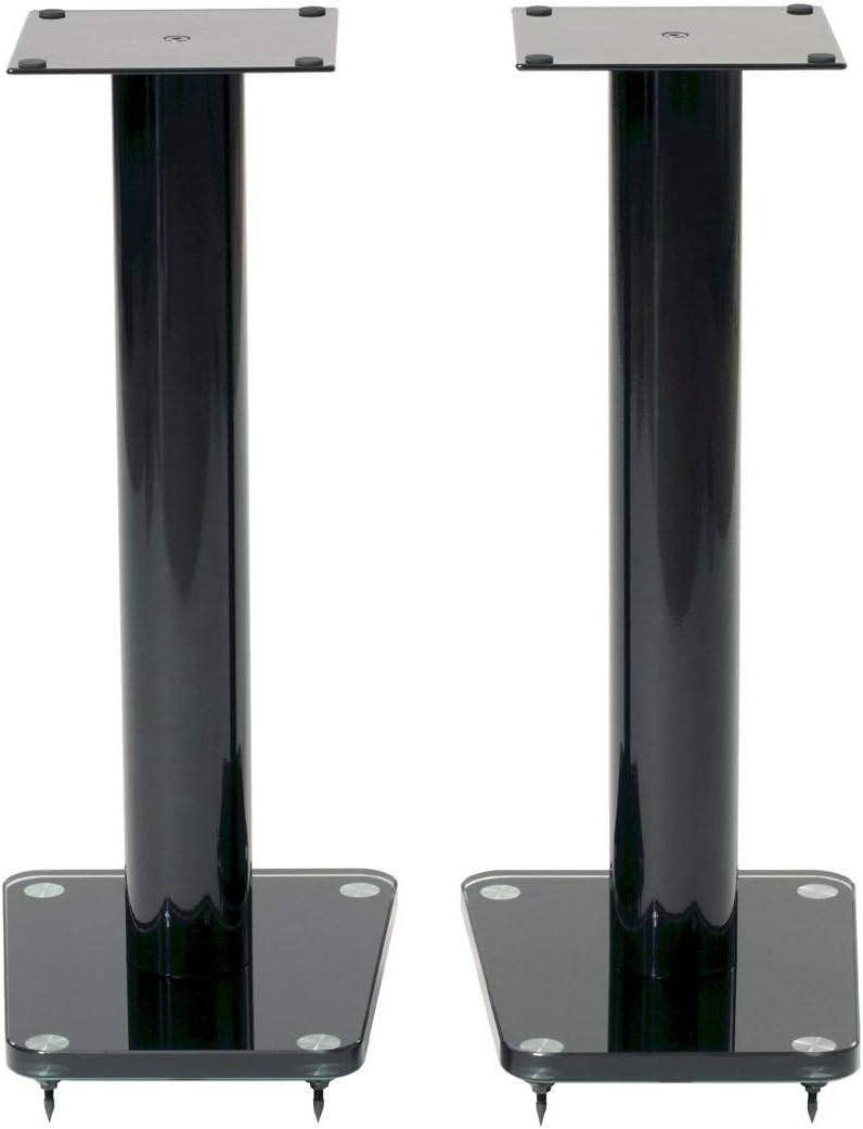24" Tempered glass & metal speaker stand in gloss black finish. Sold as pair