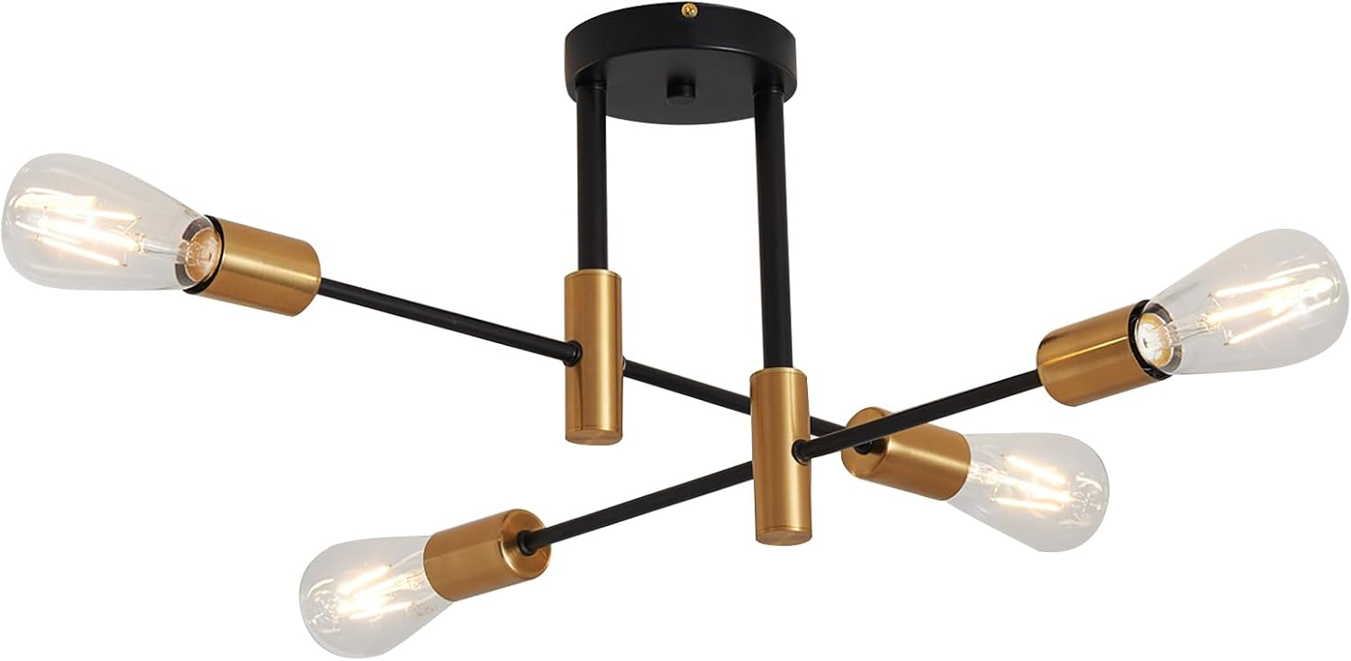 Sputnik Chandelier - 4-Light Semi Flush Mount Ceiling Light Fixture,Mid Century Modern Hanging Light Fixtures,Black and Gold Chandeliers for Dining Room Bedroom Living Room Kitchen Foyer