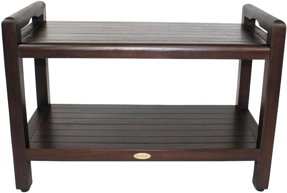 DecoTeak Eleganto 29 Inch Brown LiftAide Arms Waterproof Teak Wood Shower Bench Stool Seat Chair for Inside Shower Storage Shelf Provides Safety, Storage, and Organization for Bathroom Accessories