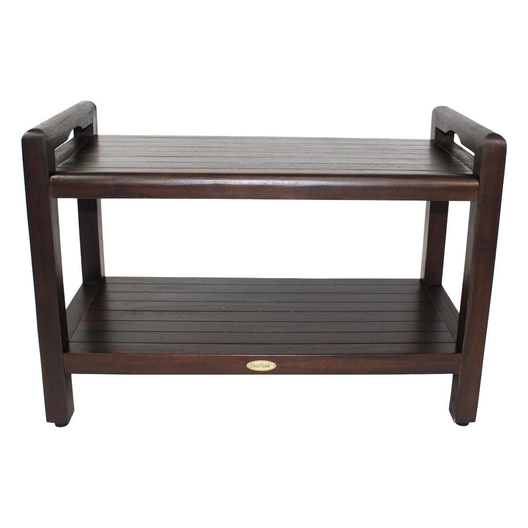 DecoTeak Eleganto 29 Inch Brown LiftAide Arms Waterproof Teak Wood Shower Bench Stool Seat Chair for Inside Shower Storage Shelf Provides Safety, Storage, and Organization for Bathroom Accessories