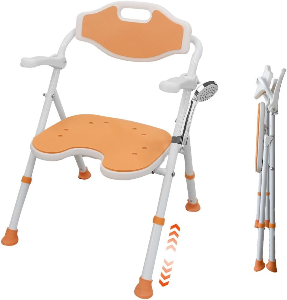 Lumizone Shower Chair 6-Level Adjustable Height with Armrests and Back Heavy Duty Foldable Bathtub Chair for Slip Resistant Thick Pipe U-Shaped Seat with Drain Holes Backrest and Waterproof Cushion