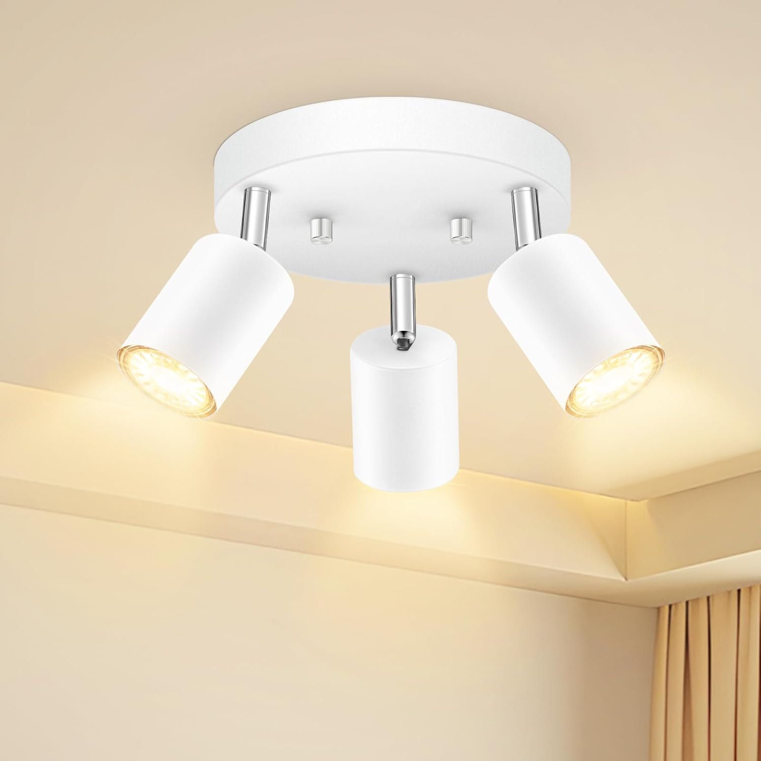 LED 3 Light Track Lighting Kit, LED Track Lighting Fixtures, White Round Ceiling Spot Lighting, Flexibly Rotatable Light Head for Kitchen, Living Room, Bedroom, GU10 Bulb Not Included