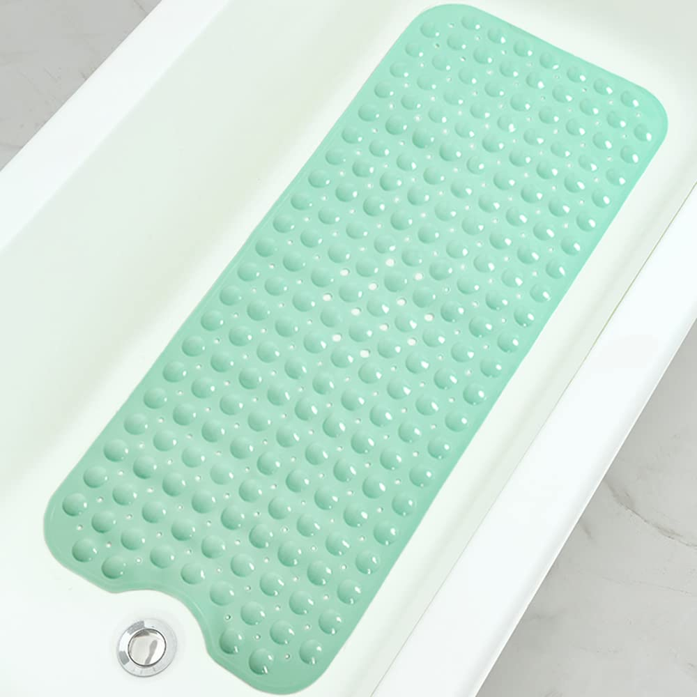 Bathtub and Shower Mats, Extra Long Non-Slip Bath Mat 39 x 16 Inch, Machine Washable Bath Tub Mat with Suction Cups & Drain Holes for Bathroom, Pale Green