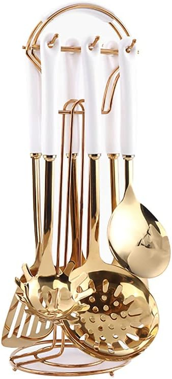 Lxmons Gold Stainless Steel Kitchen Utensil Set Cooking 7 Pcs Set with Hold,Include Spatulas,Soup spoons,Colander