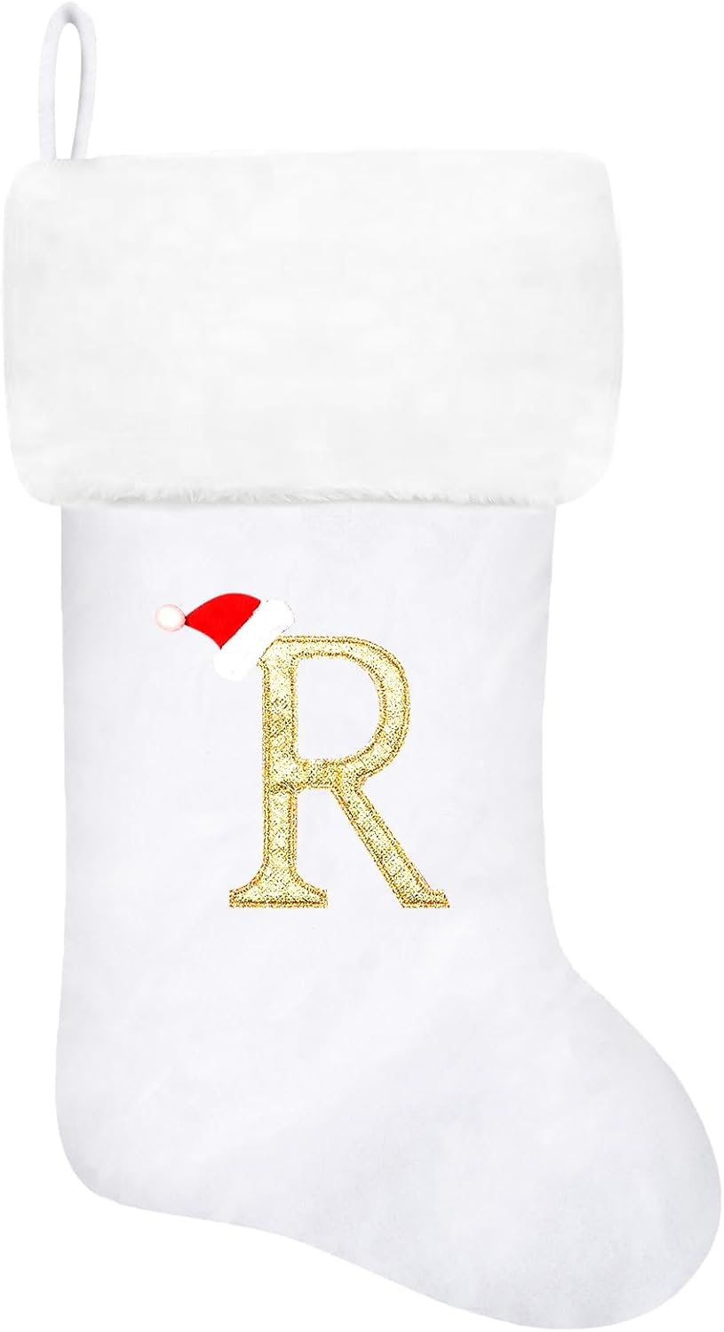 20 Inches Monogram Christmas Stockings White Velvet with White Super Soft Plush Cuff Embroidered Xmas Stockings Classic Personalized Stocking Decorations for Family Holiday Season Decor(R)
