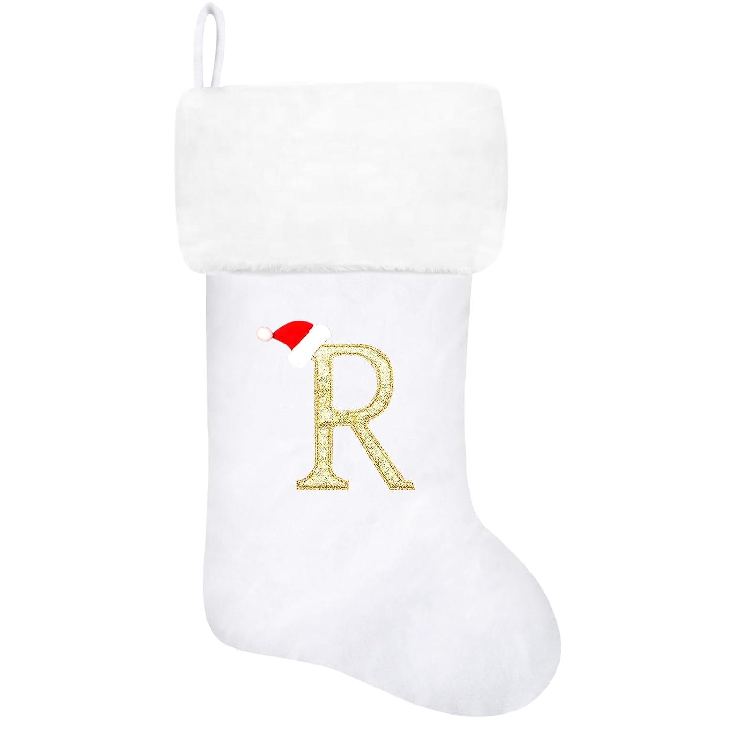 20 Inches Monogram Christmas Stockings White Velvet with White Super Soft Plush Cuff Embroidered Xmas Stockings Classic Personalized Stocking Decorations for Family Holiday Season Decor(R)