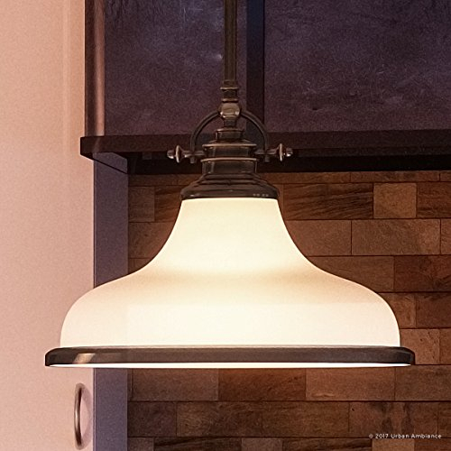 Urban Ambiance Luxury Industrial Hanging Pendant Light, Medium Size: 11.5"H x 13.5"W, with Americana Style Elements, Nostalgic Design, Oil Rubbed Parisian Bronze Finish and Opal Etched Glass, UQL2335