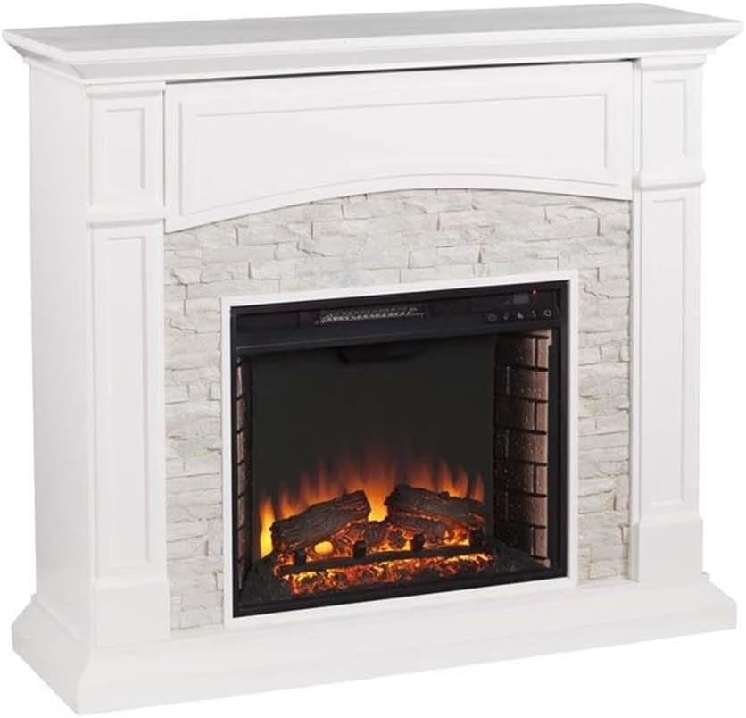 Crisp White Faux Stone Electric Fireplace TV Stand