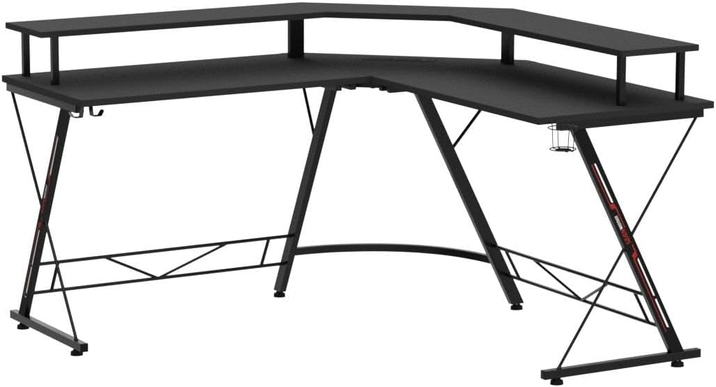 SEVEN WARRIOR L Shaped Gaming Desk with LED Lights & Power Outlets, 50.4” Computer Desk with Monitor Stand, Corner Desk with Carbon Fiber Surface, Gaming Table with Hooks, Black