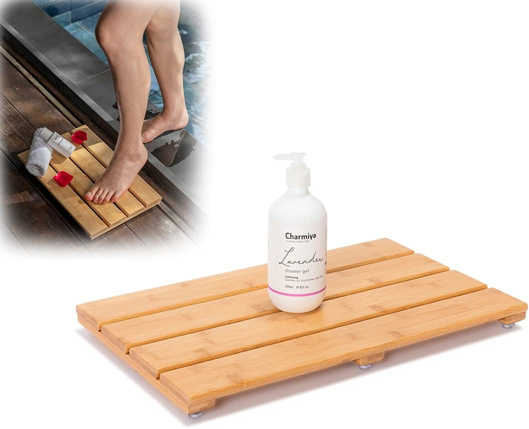 Bamboo Shower Bath Mat for Bathroom, Non-Slip Bamboo Wood Bathroom Mats for Inside or Outside (19.7 x 12.2 inches)