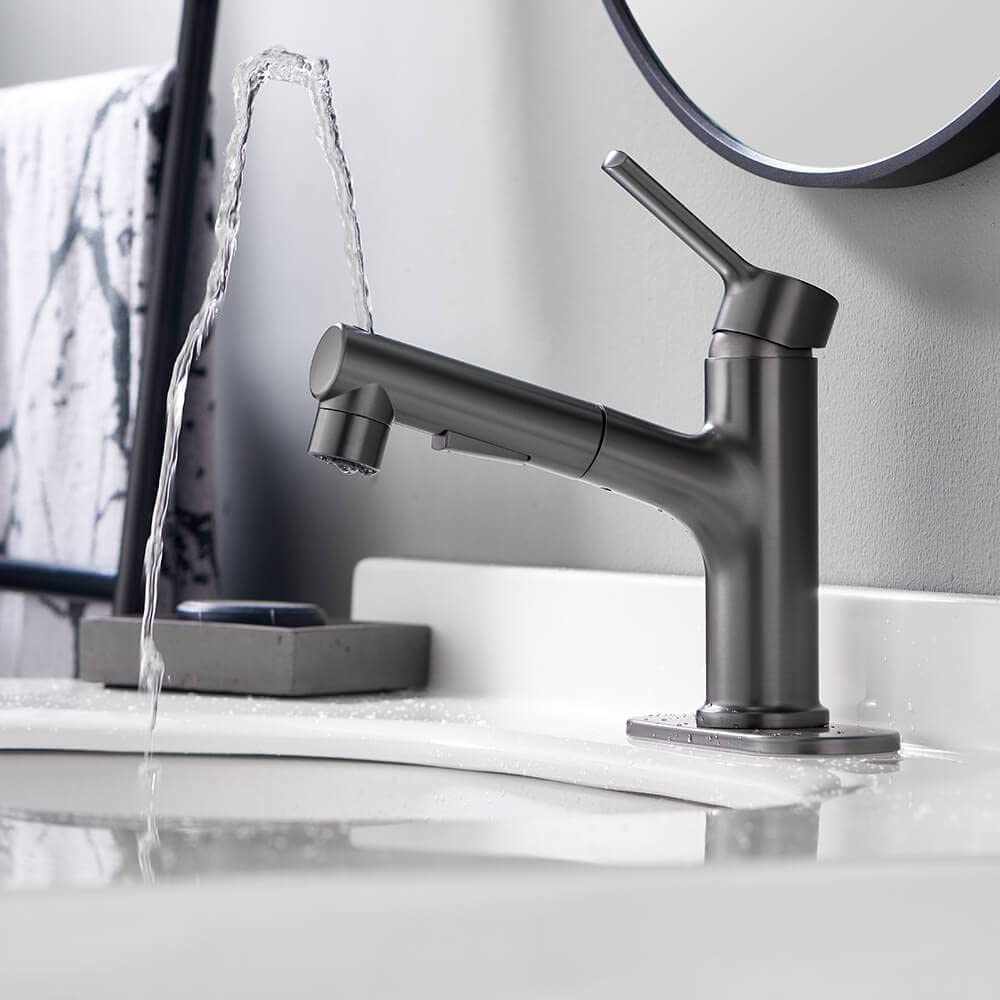 Bathroom Sink Faucet with Pull Out Sprayer Single Hole one Handle Basin Mixer Tap Pull Down Vessel Waterfall Rotating Spout Widespread Drain Assembly (Gun Grey, Regular)