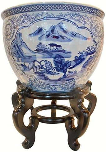 Blue and White Porcelain Garden Pots Painted Landscape (10" W x 8" H | Inside Rim 8" | Base 6.5")