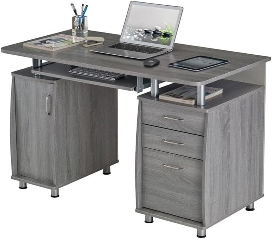 Gray MDF Wood Computer Desk with Storage and Filing Cabinet