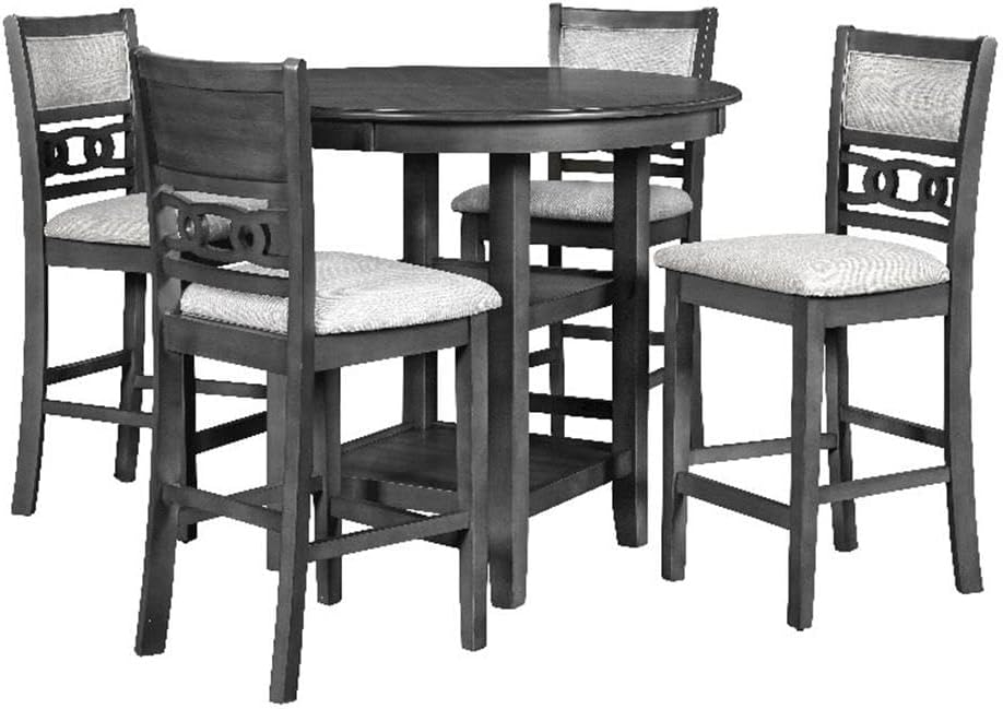 New Classic Furniture Gia 5-Piece Wood Round Counter Dining Set, 1 Counter Dining Table And 4 Chairs, 42 Inch, Gray