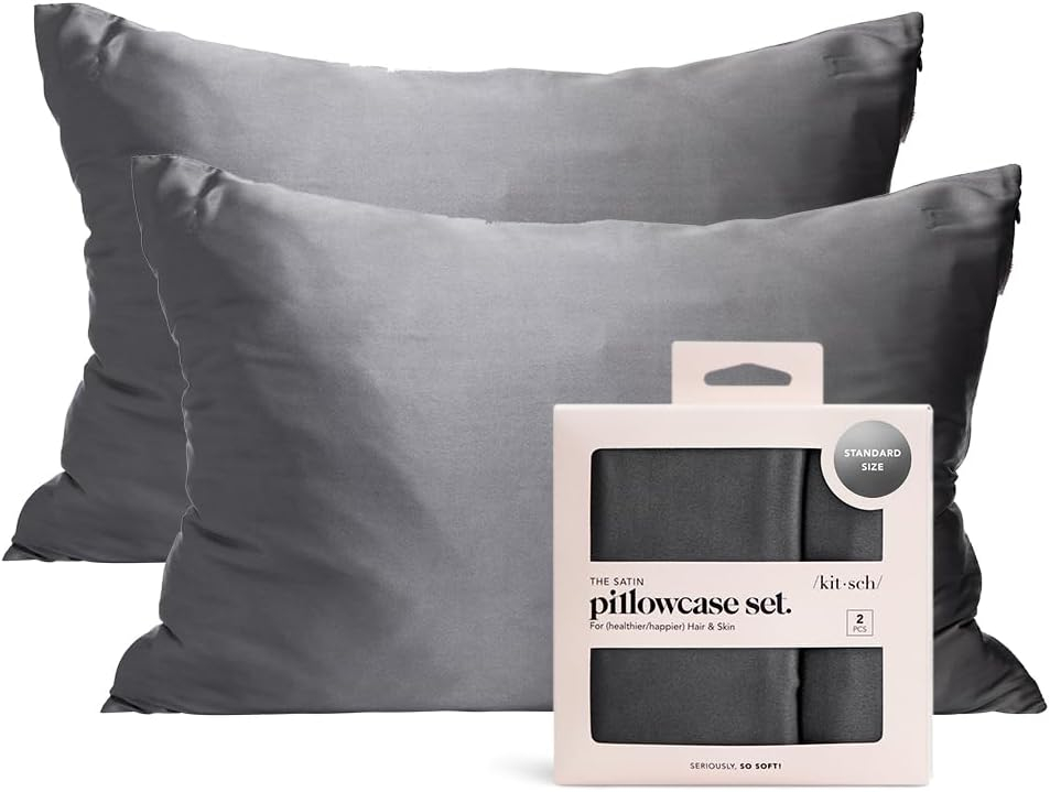 Charcoal Gray Satin and Silk Queen Pillowcase Set with Zipper