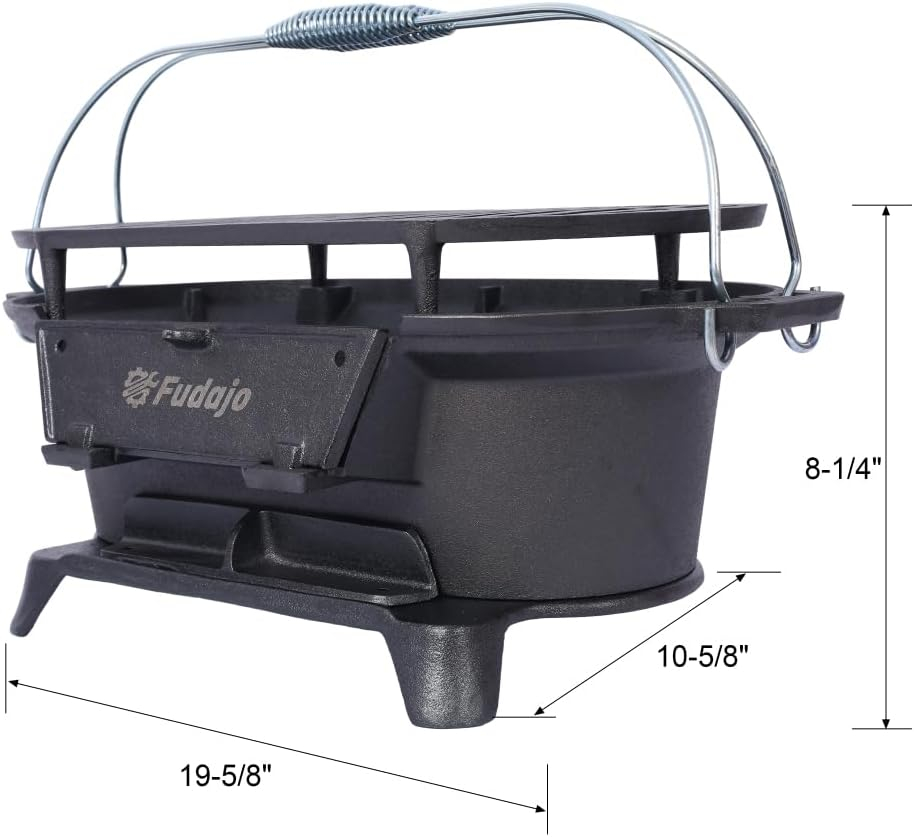 Cast Iron Hibachi Grill – Portable Charcoal BBQ for Outdoor Cooking, Durable Tabletop Skillet, Compact Camping Charcoal Cooker for Tailgating, Picnics & Hunting (Oval)