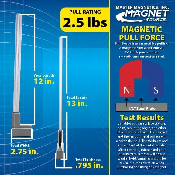 Master Magnetics Magnetic Sign Holder for 12" Sign - 90 Degree Magnetic Base with 12" Acrylic Strip, 2.28" L, 0.79" W, 13" H, Clear- White, Pack of 6, MSHL03X6