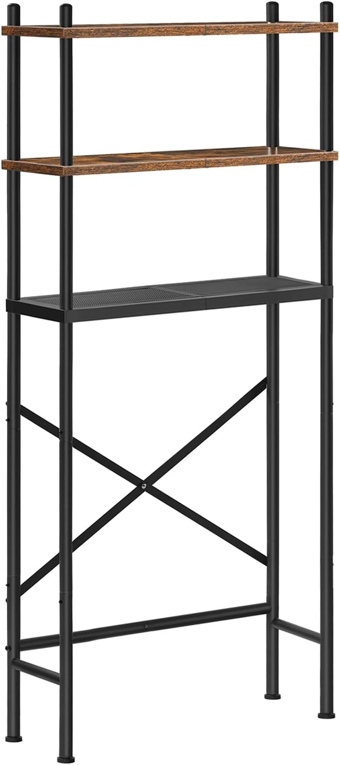HOOBRO Over The Toilet Storage, 3-Tier Over Toilet Bathroom Organizer, Freestanding Above Toilet Shelf with Adjustable Feet, Space Saving, Easy Assembly, Rustic Brown and Black BF63TS01
