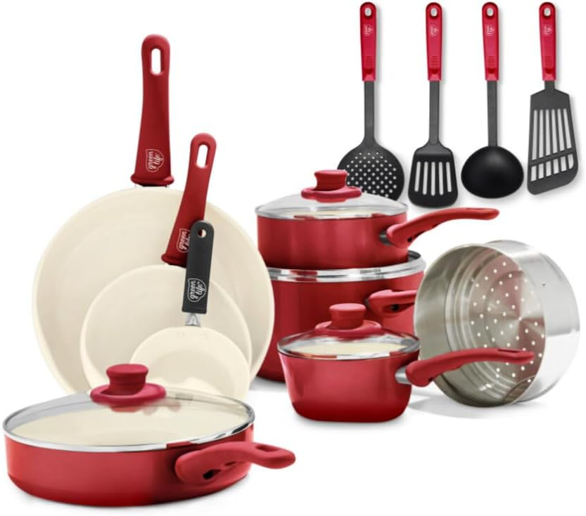 GreenLife Soft Grip 16 Piece Cookware Set, Non-Toxic PFAS-Free Ceramic Nonstick, Frying, Sauce, Saute, Utensils, Glass Lids, Stay-Cool Handles, Wobble Free, Dishwasher & Oven Safe, Red