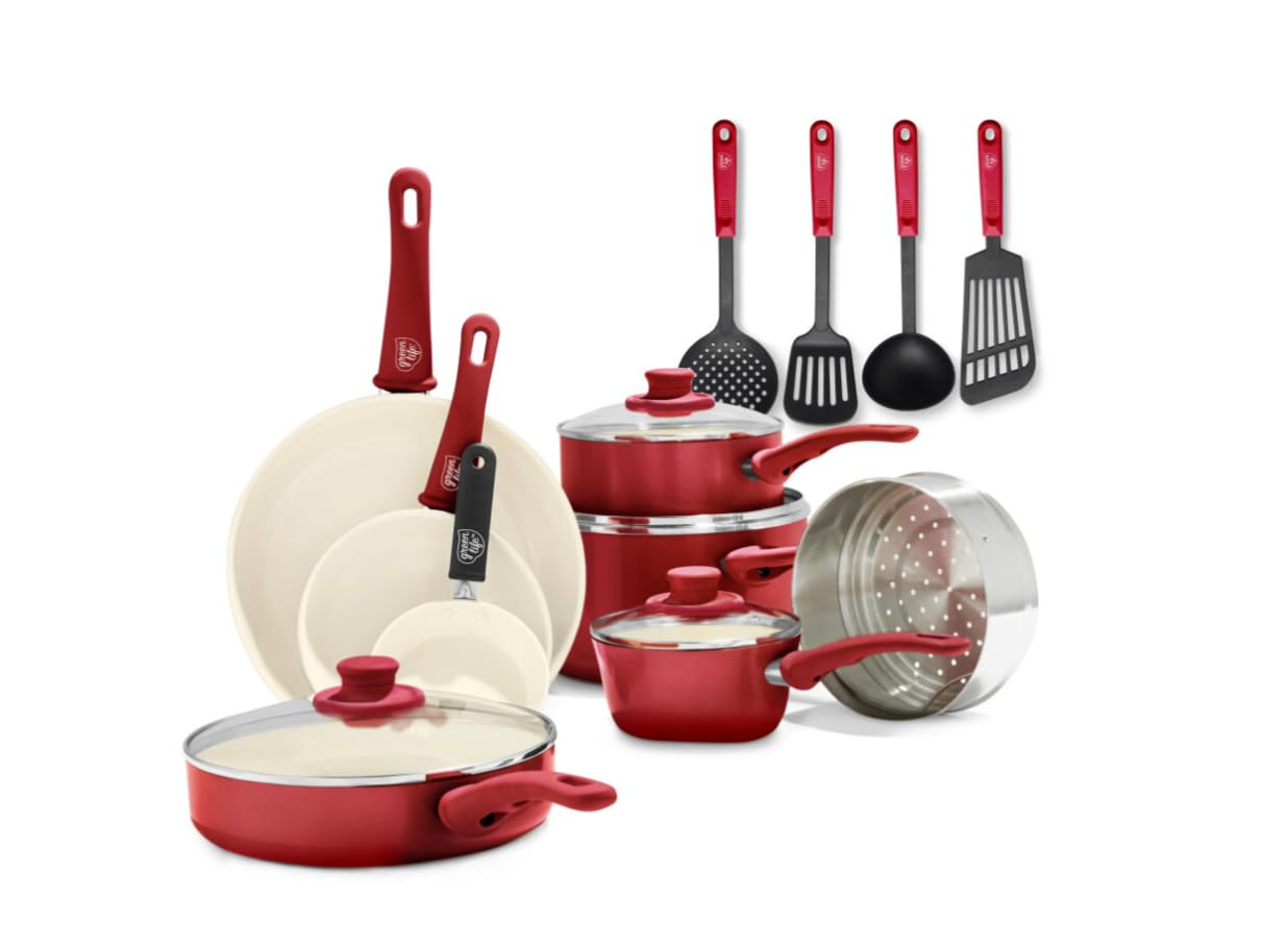 GreenLife 16 Piece Nonstick Cookware Set, Soft Grip Non-Toxic PFAS-Free Ceramic Pots & Pans, Dishwasher & Oven Safe, Frying, Sauce, Saute, Utensils, Glass Lids, Stay-Cool Handles, Wobble Free, Red