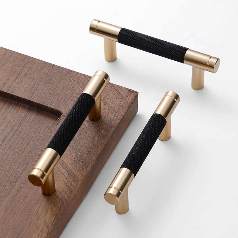 2 Pack 3 Inch 76 mm Bar Cabinet Pulls Gold and Black Knurled Handles for Brushed Gold Drawer Pulls Cupboard Aluminum Handles (3 Inch, Set of 2, Gold and Black)