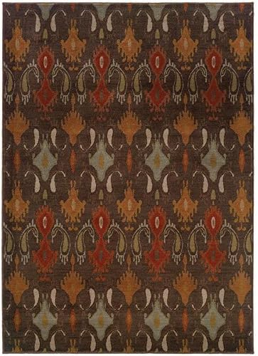 Ivory and Brown Ikat Print Synthetic Area Rug