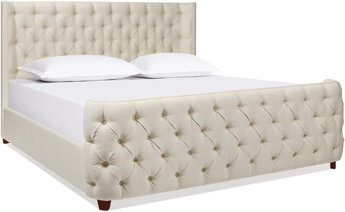 Jennifer Taylor Home Geneva Curved Wing Upholstered Platform Bed Frame, King, Light Beige Linen