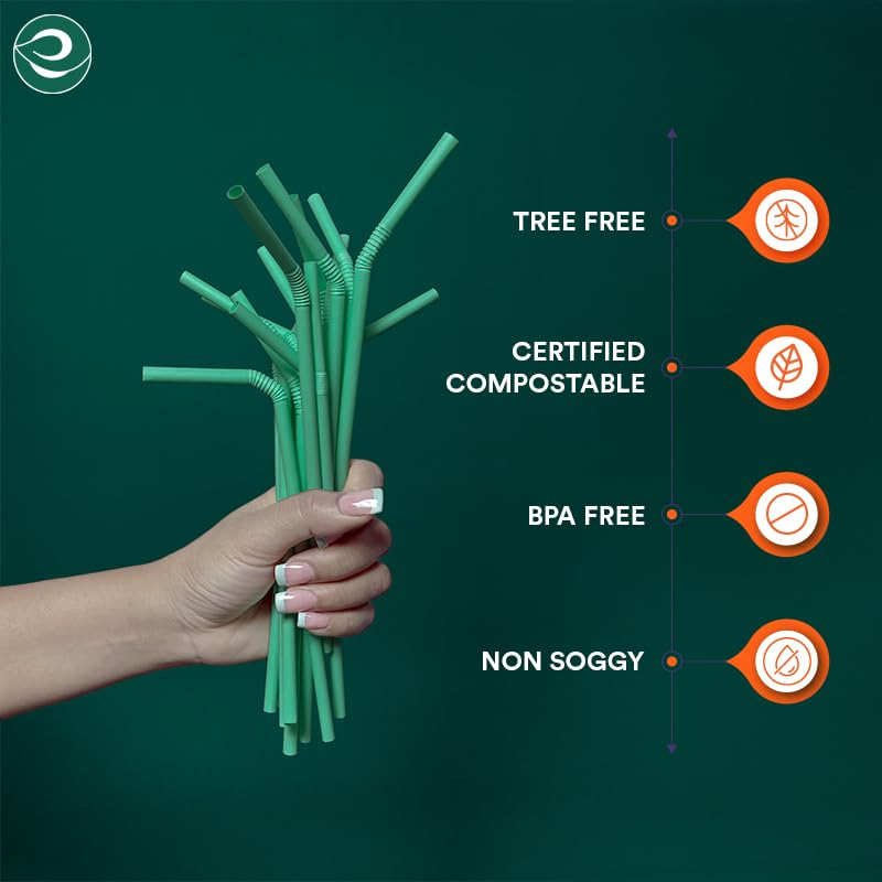 ECO SOUL 100% Compostable Straws [100 Count] [8.25"] Eco-Friendly Biodegradable Sustainable Disposable Straws, Cocktail Cold Drink Smoothie Bendable Straws