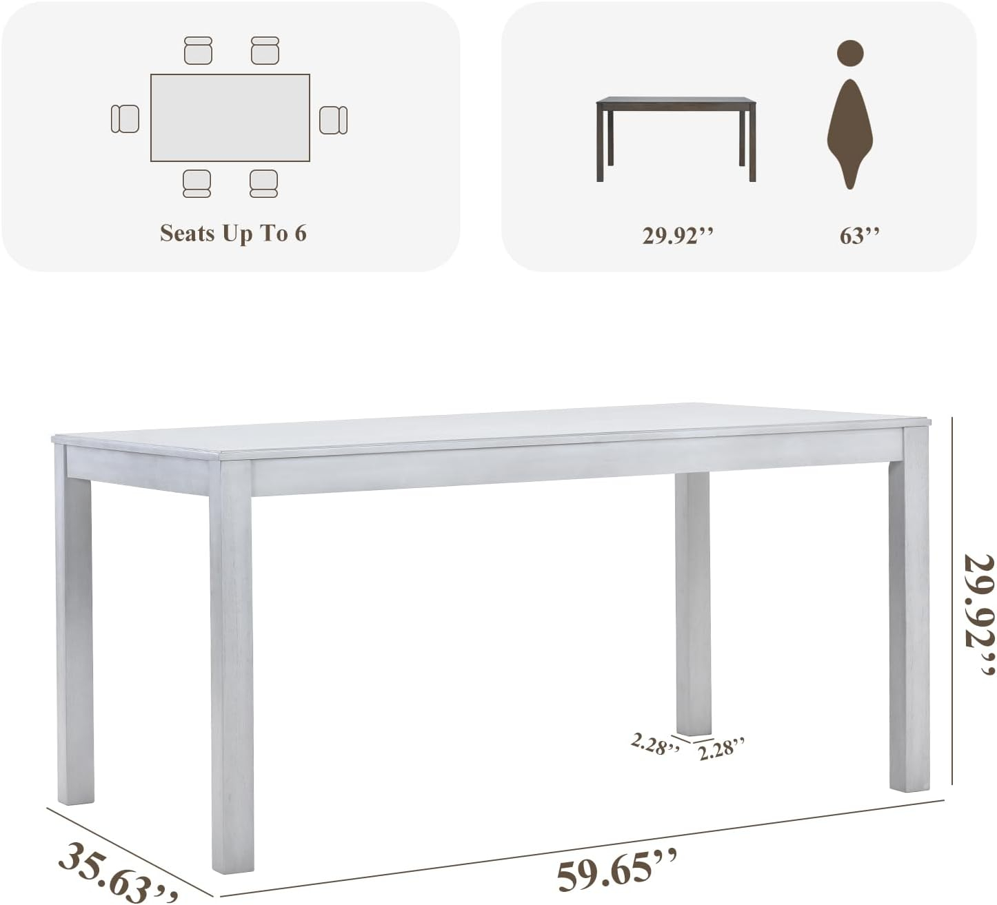 Wood Dining Table for 4 6, Rectangle Wooden Kitchen Table with Square Legs, Farmhouse Dinner Table for Dining Room, Living Room, Office, White