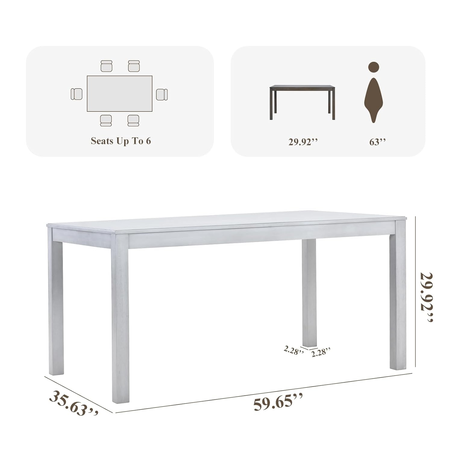 Wood Dining Table for 4 6, Rectangle Wooden Kitchen Table with Square Legs, Farmhouse Dinner Table for Dining Room, Living Room, Office, White