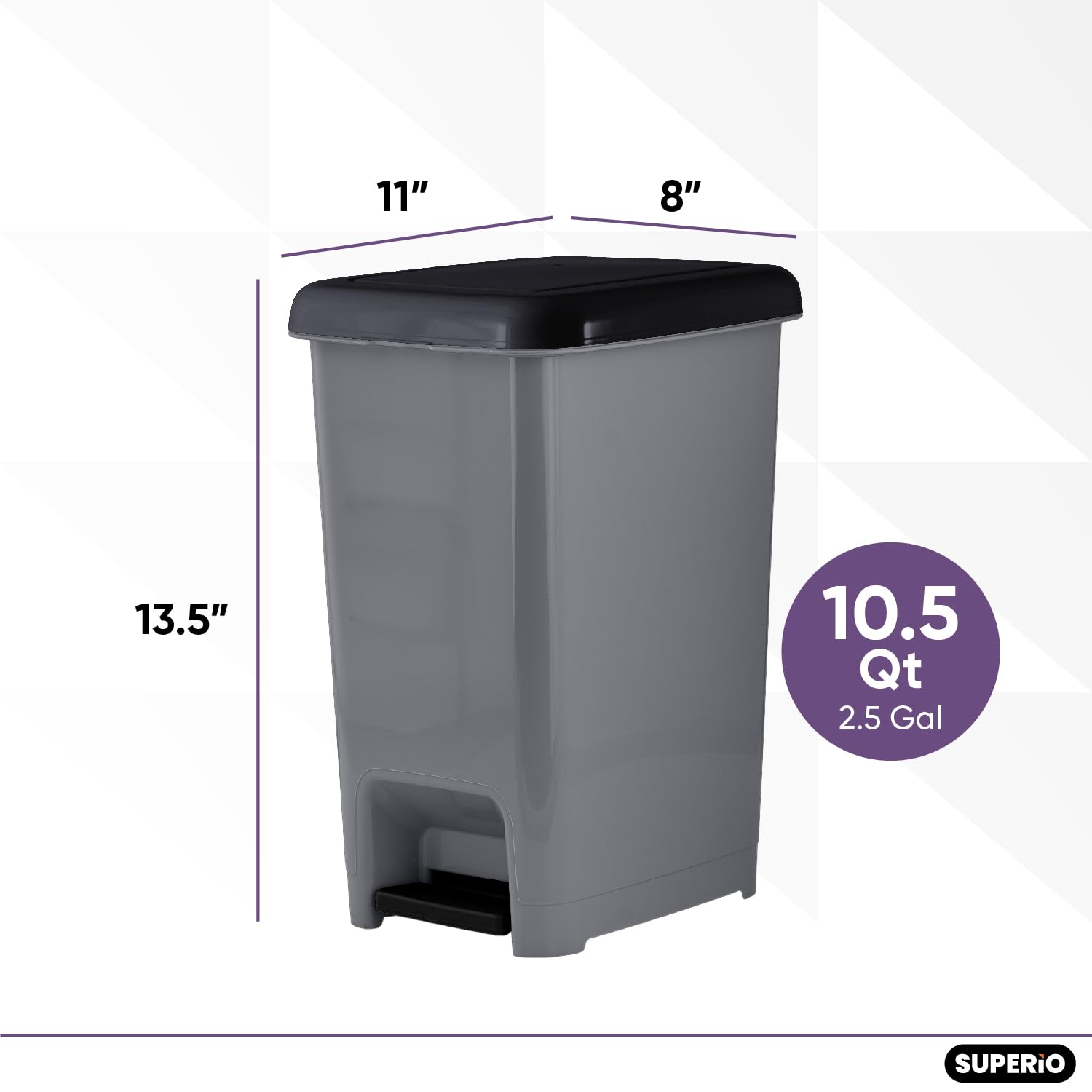Superio Slim Pedal Trash Can, 10 Qt. Grey Bin with Black Pedal Step On Lid, 2.5 Gallons