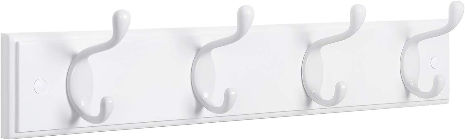 SONGMICS Wooden Wall-Mount Coat Rack with 4 Metal Hooks, White