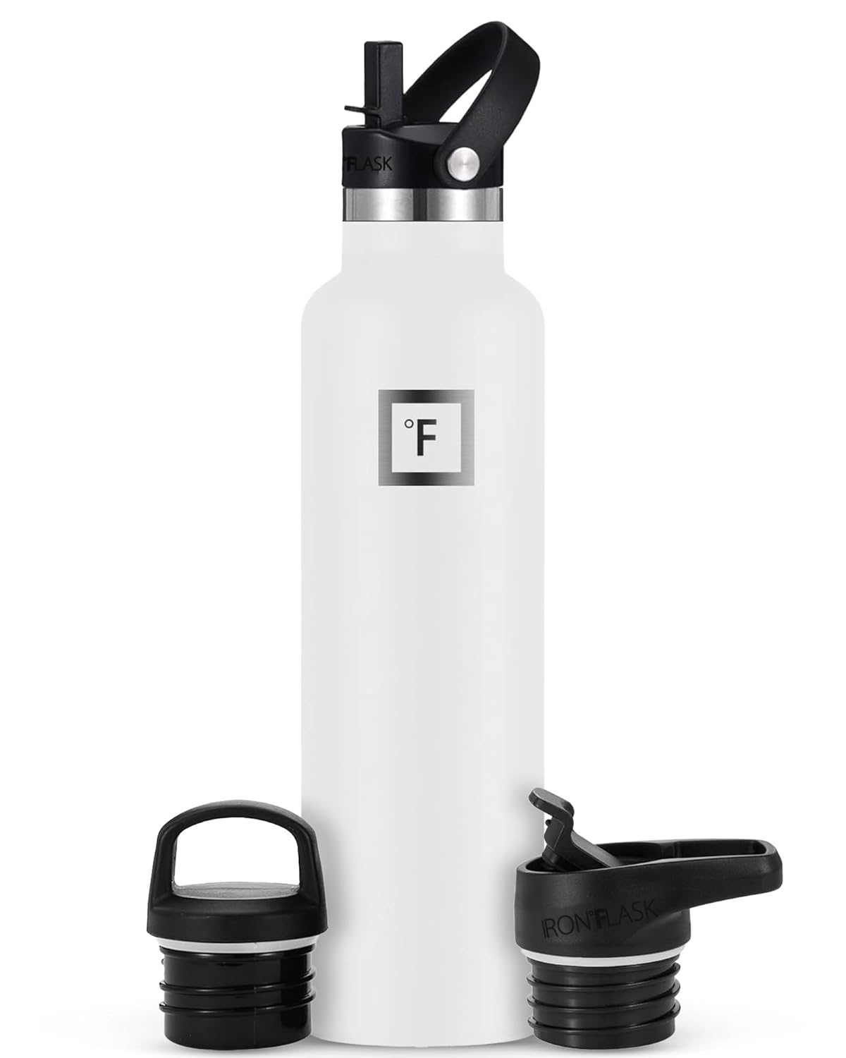 IRON °FLASK Camping & Hiking Hydration Canteens - 3 Lids (Narrow Straw Lid) Leak Proof Vacuum Insulated Stainless Steel - Hot & Cold Double Walled Sports Water Bottle - Winter White, 24 Oz