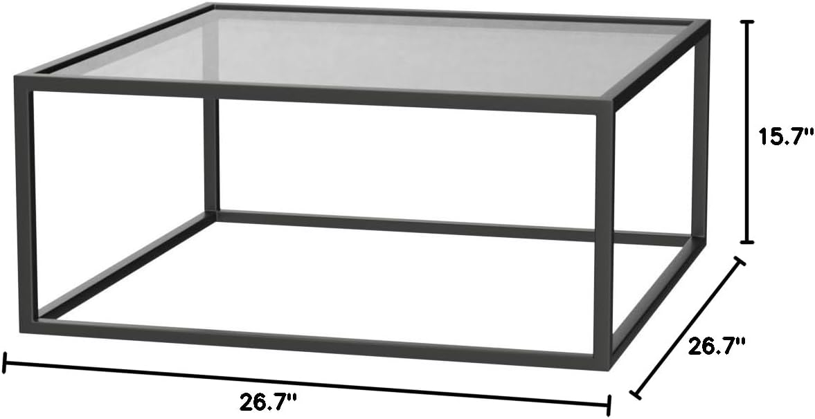 SAYGOER Black Glass Coffee Table Small Modern Coffee Tables 26.7in Square Tempered Glass-Top Accent Center Table for Living Room Home Office with Black Metal Frame Easy Assembly