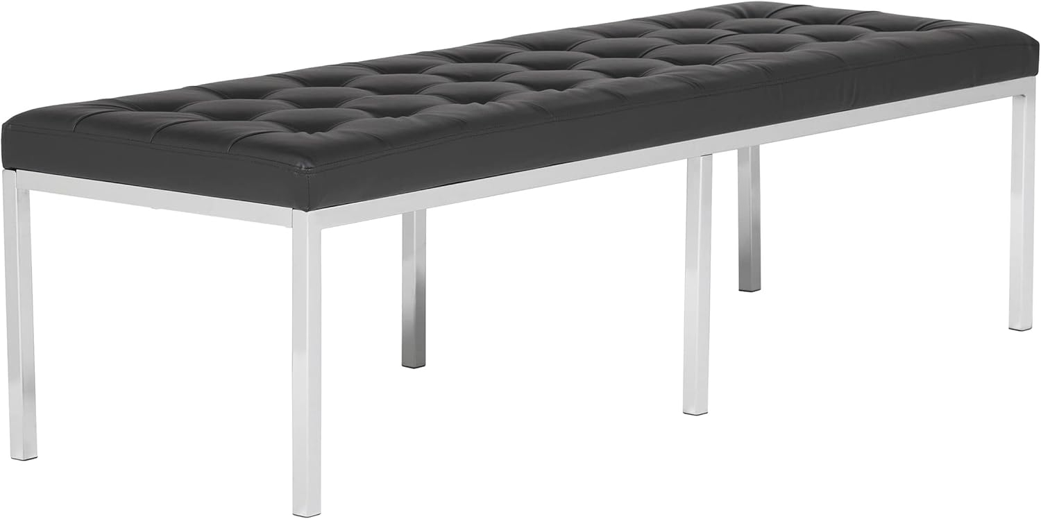 Lintel 60'' Ebony Bonded Leather Tufted Bench with Chrome Finish