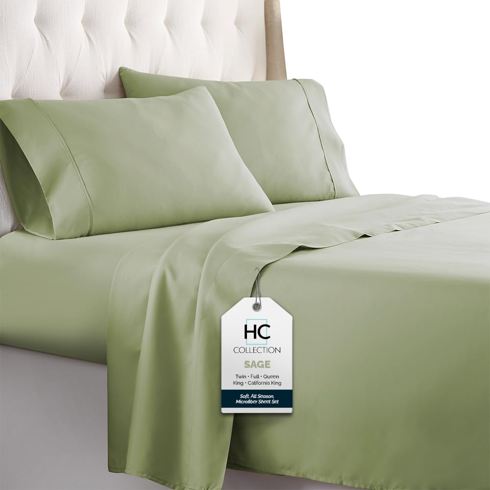Hotel Luxury Bed Sheet & Pillowcase 4 Piece Set 1800 Series Egyptian Quality, Double Brushed Microfiber, King, Sage