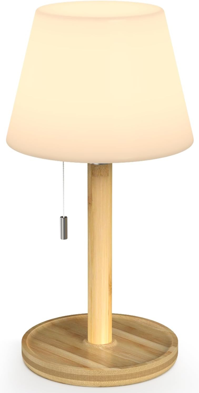Outdoor Waterproof Table Lamp for Patio, Small Cordless Battery-Operated Lamp, Rechargeable Shower Light, 3 Lighting Modes Desk Light with Pull Chain Garden Outside Camping Restaurant, Wood Grain