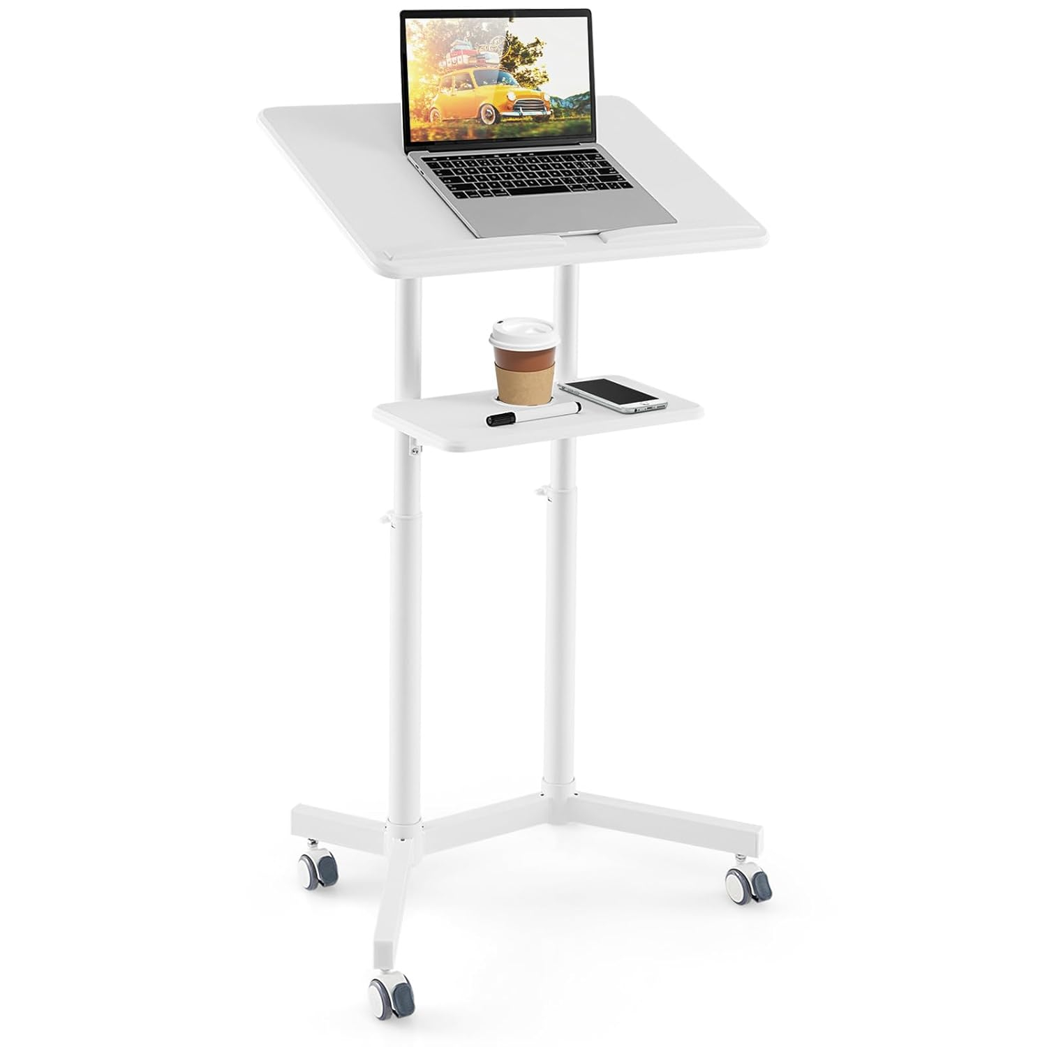 Giantex Mobile Laptop Podium, Height Adjustable Standing Desk with Storage Tray, Tilting Desktop, Home Office Classroom Pulpit Stand Up Desk, Rolling Laptop Cart Lecterns & Podiums for Church, White