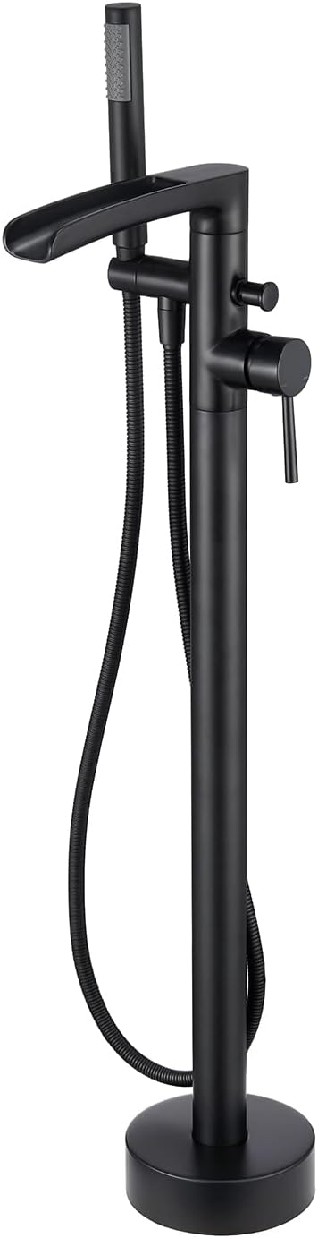 MOGFCT Waterfall Freestanding Bathtub Faucet Set Single Handle Floor Mount Tub Filler with Hand Shower ,Matte Black