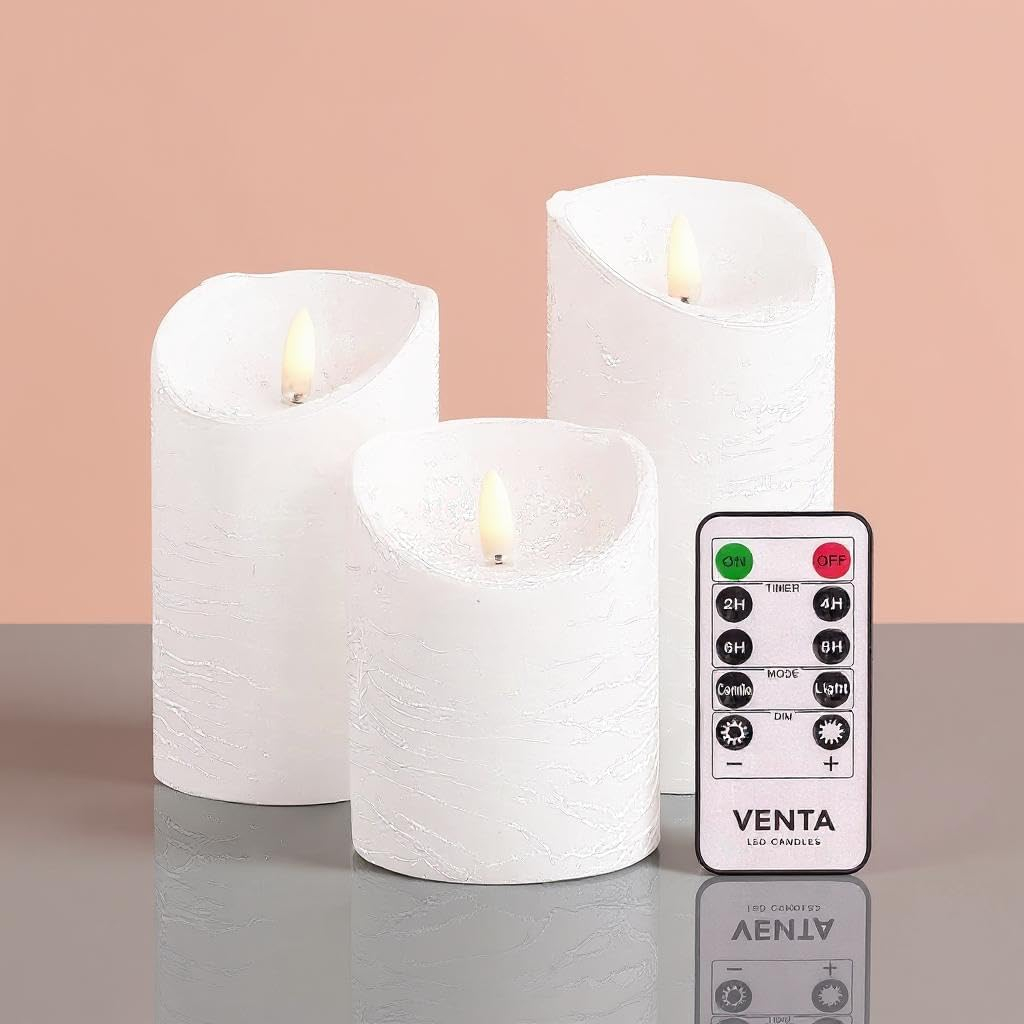 VENTA Set of 3 Ivory & White Pillar Candles | Real Wax Battery Operated Flickering LED Candles with Remote | Timeless Decor for Farmhouse, Modern & Mantel Displays