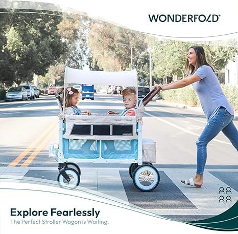 WONDERFOLD Volkswagen Stroller Wagon (4 Seater) - Collapsible Wagon Stroller with VW Bumper, Functioning Headlights, and All-Terrain XL Wheels