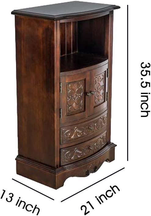 Brown Birchwood Engraved Storage Cabinet with 2 Drawers and 2 Doors