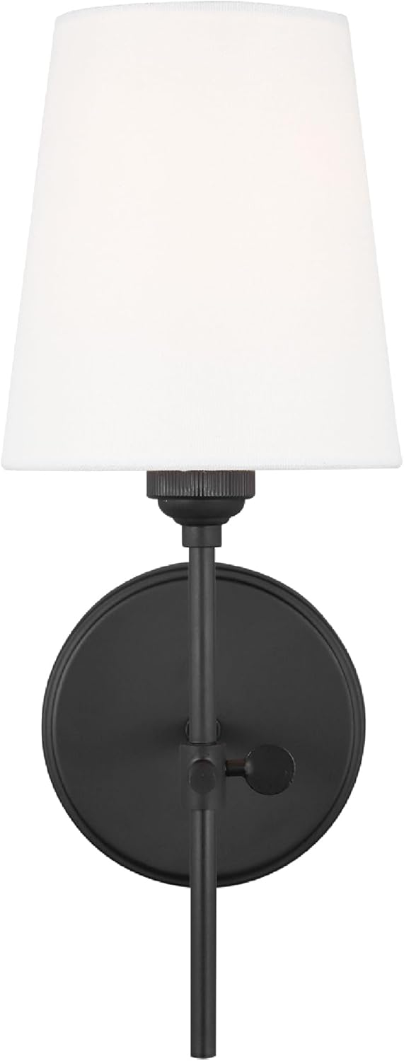 Baker 5.5 in. 1-Light Midnight Black Wall Sconce With White Linen Fabric Shade