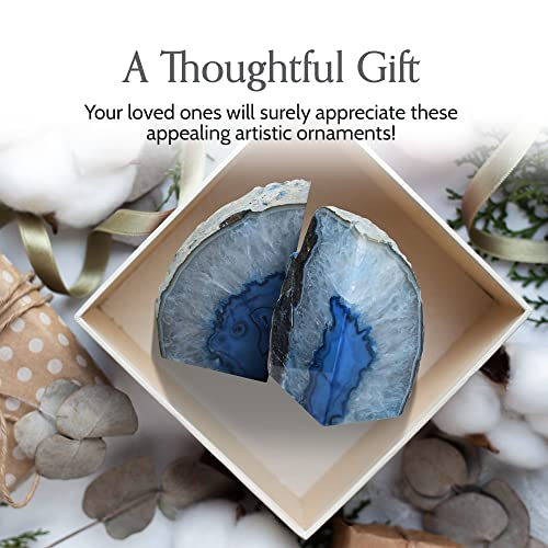 Nature's Decorations Agate Bookends - A Quality Blue Geode with Non-Skid Rubber Bumpers for Shelves, Office, Home Decor - Heavy Duty Cool Crystal Stone Book End Pair for Decoration (3-4 LB)